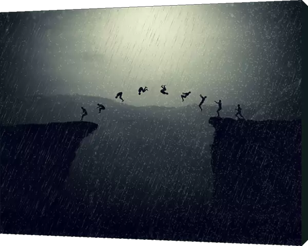 Creative art man somersault on the cliff