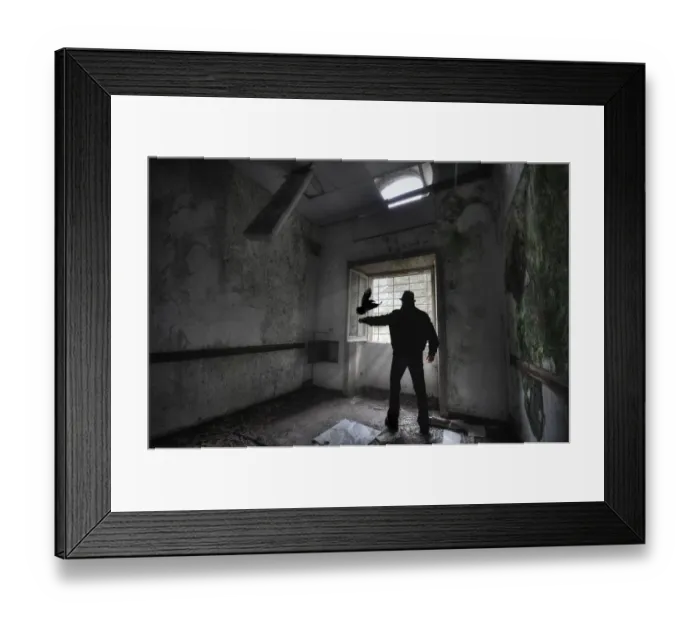 Framed Print : Crow and man in dark atmosphere Framed Print : Crow and man in dark atmosphere