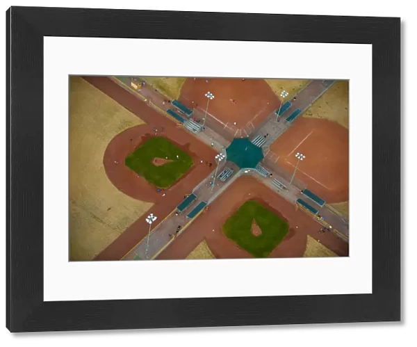 Aerial view over baseball fields