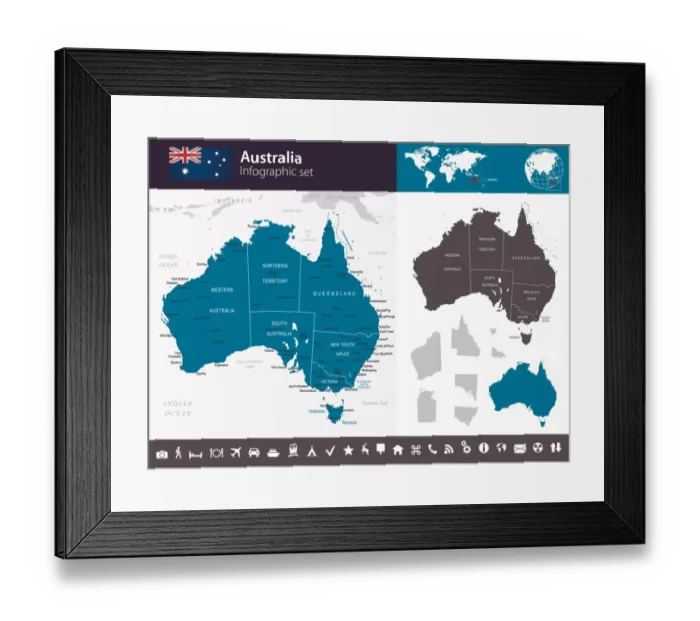 Framed Print : Australia - Infographic map - illustration Framed Print : Australia - Infographic map - illustration