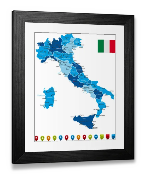 Framed Print : Italy Map. High Detailed Italy Map with Navigation Icons Framed Print : Italy Map. High Detailed Italy Map with Navigation Icons
