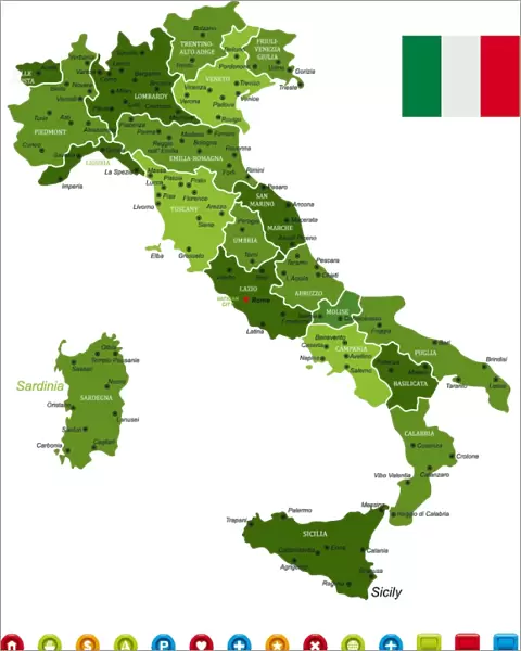 Italy Map. High Detailed Italy Green Map with Navigation Icons