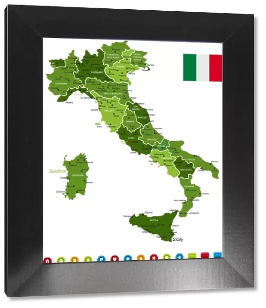Italy Map. High Detailed Italy Green Map with Navigation Icons