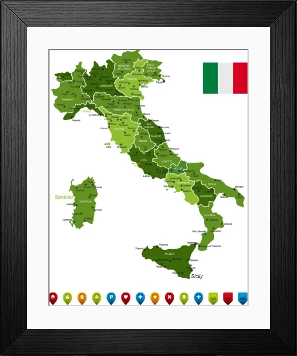 Framed Print : Italy Map. High Detailed Italy Green Map with Navigation Icons Framed Print : Italy Map. High Detailed Italy Green Map with Navigation Icons