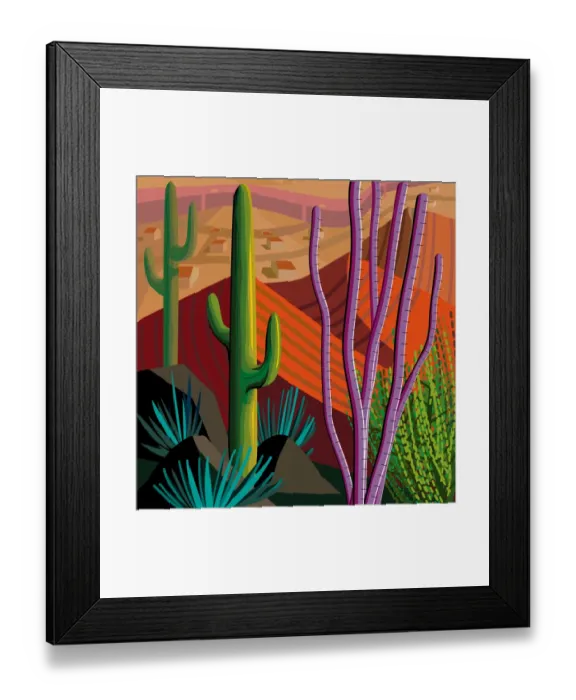 Framed Print : Desert, Cactus, Mountains Landscape Illustration in Square Format Framed Print : Desert, Cactus, Mountains Landscape Illustration in Square Format