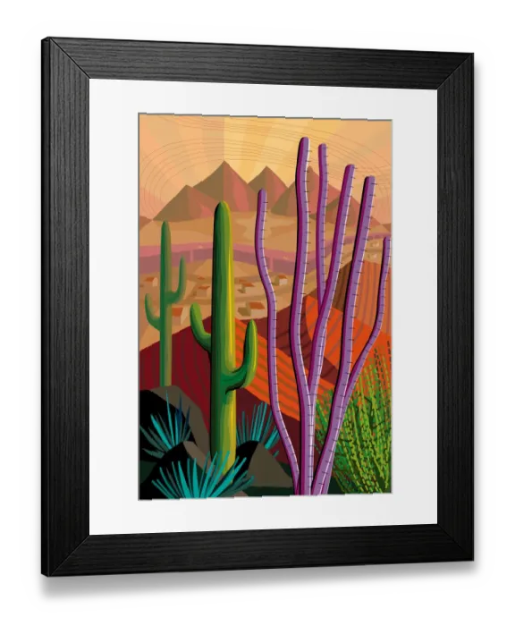 Framed Print : Desert, Cactus, Mountains Landscape Illustration Framed Print : Desert, Cactus, Mountains Landscape Illustration