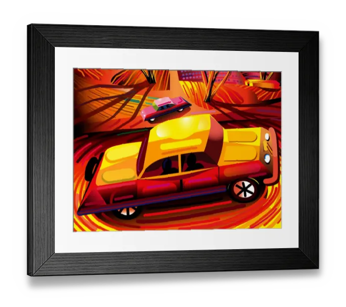 Framed Print : 1950s Cars in Orange cartoon Landscape Illustration