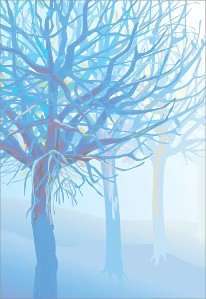 Pastel Blue Trees and Branches in Foggy Landscape Illustration