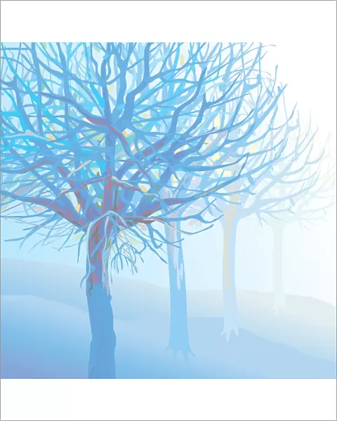 Pastel Blue Trees and Branches in Foggy Landscape Illustration