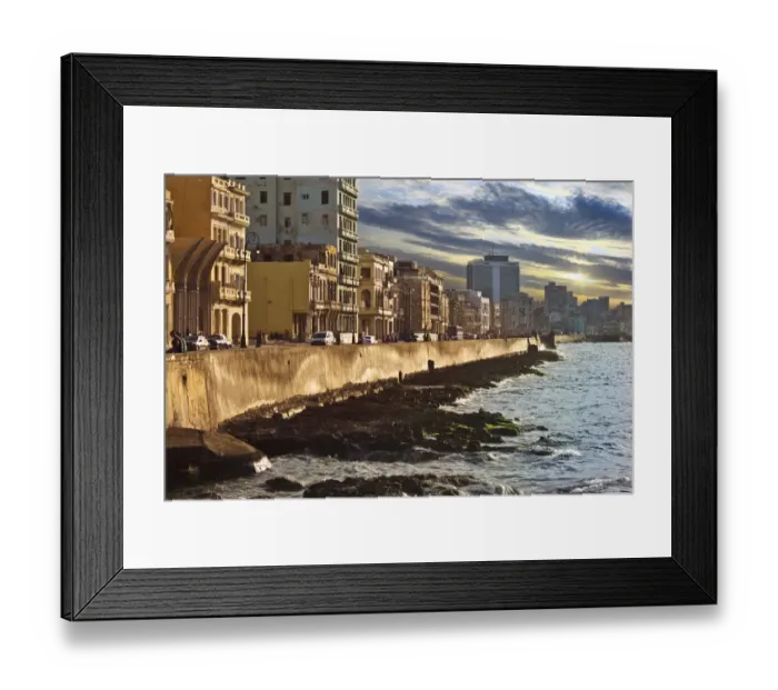 Framed Print : Malecon Avenue Coastal Road in Havana Cuba with Urban Skyline