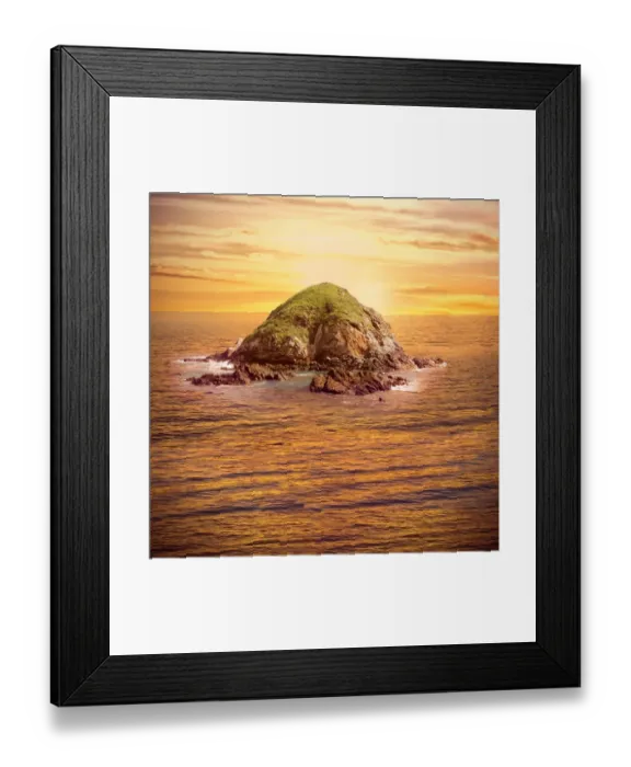 Framed Print : Island in Ocean Sunset Colors Framed Print : Island in Ocean Sunset Colors