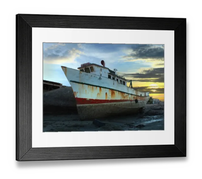 Framed Print : Vintage Fishing Boat at Low Tide at Sunset Framed Print : Vintage Fishing Boat at Low Tide at Sunset