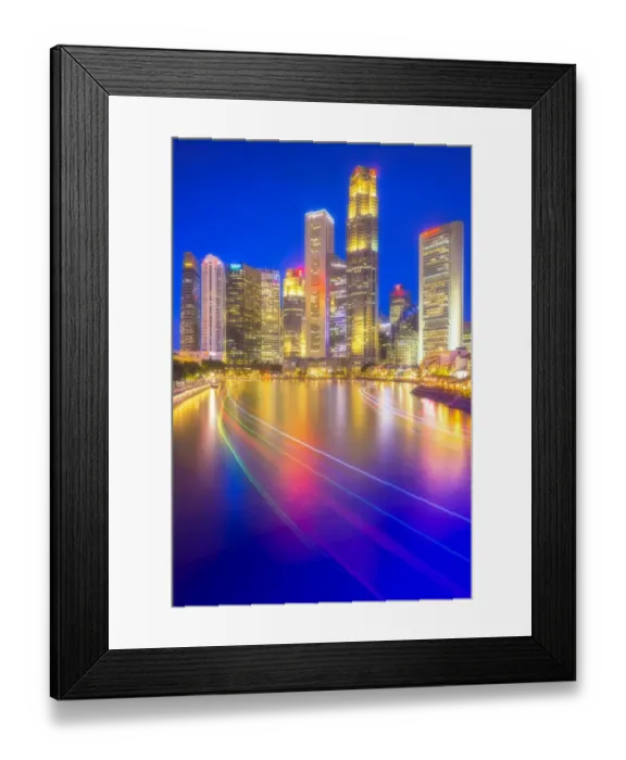 Framed Print : Central Business District view from Boat Quay with light trails in foreground, Singapore Framed Print : Central Business District view from Boat Quay with light trails in foreground, Singapore