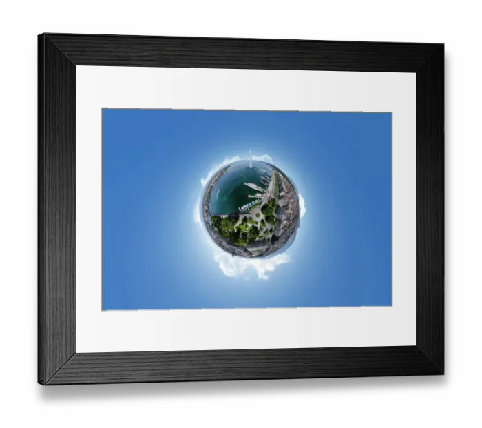 Framed Print : 360A Aerial Panorama of Jet d Eau Geneva Framed Print : 360A Aerial Panorama of Jet d Eau Geneva