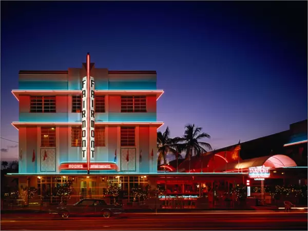 USA, Florida, Miami, Art Deco Historic District, Fairmont Hotel at night