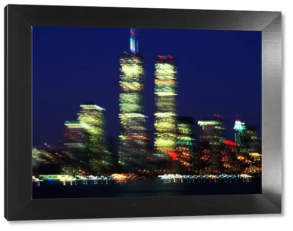 USA, New York City, skyline with World Trade Center, night (blurred)