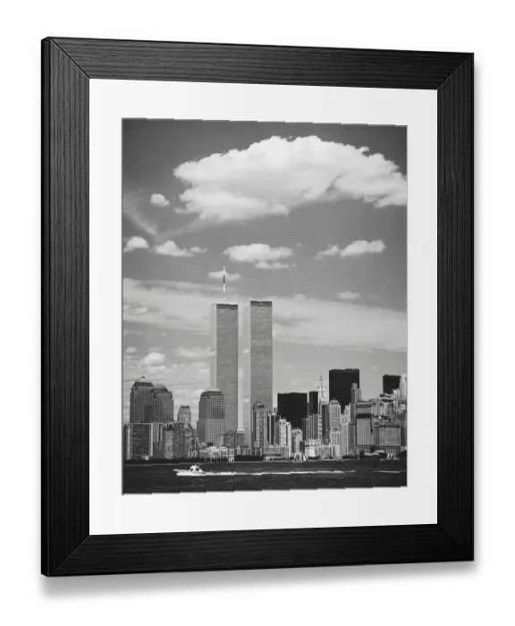 Framed Print : Twin Towers with boat in the foreground, New York, USA Framed Print : Twin Towers with boat in the foreground, New York, USA