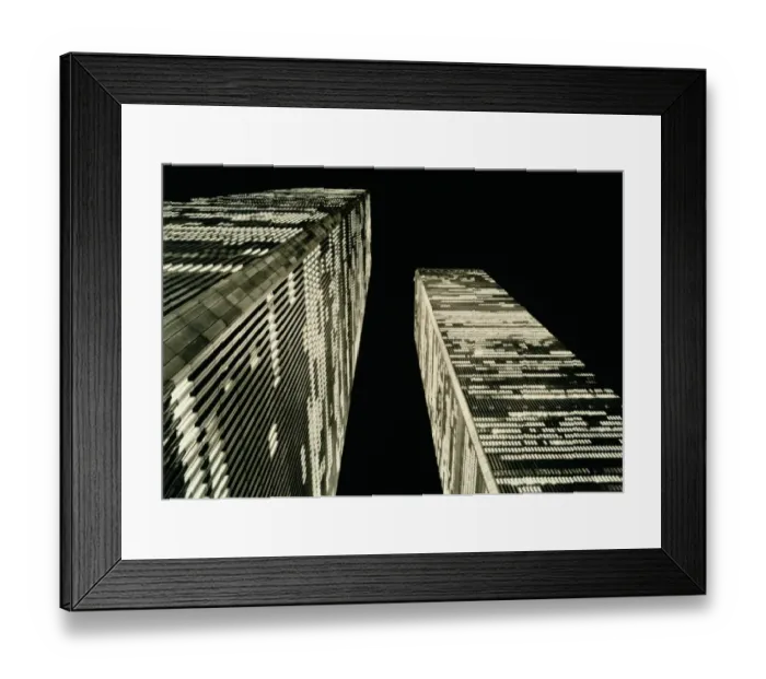 Framed Print : USA, New York City, twin towers of World Trade Center, low angle (B&W) Framed Print : USA, New York City, twin towers of World Trade Center, low angle (B&W)