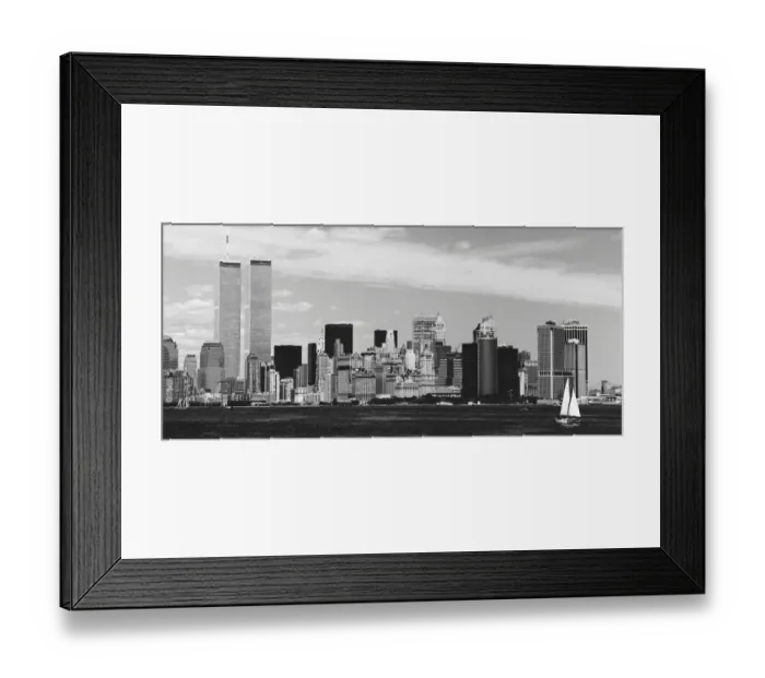 Framed Print : Twin Towers with sailboat in the foreground, New York, USA Framed Print : Twin Towers with sailboat in the foreground, New York, USA