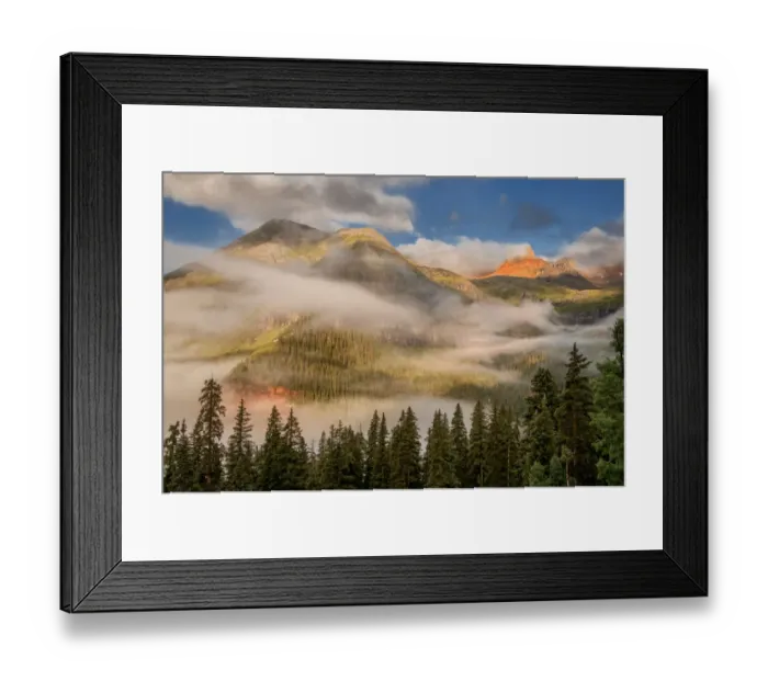 Framed Print : clearing undercast fog at sunrise, alpenglow Framed Print : clearing undercast fog at sunrise, alpenglow