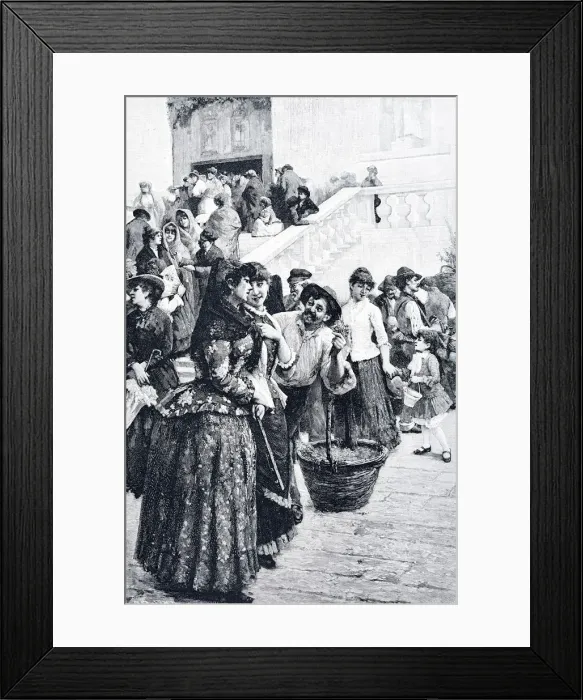 Framed Print : Man offering flowers to a group of young women Framed Print : Man offering flowers to a group of young women