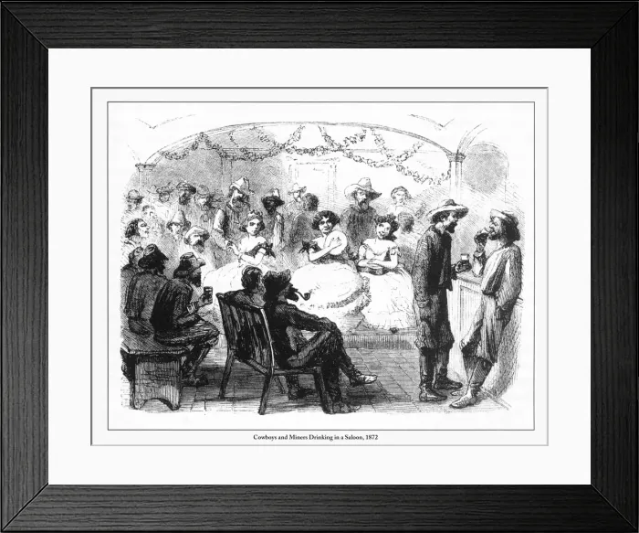Framed Print : Cowboys and Miners Drinking in a Saloon Engraving, 1872 Framed Print : Cowboys and Miners Drinking in a Saloon Engraving, 1872