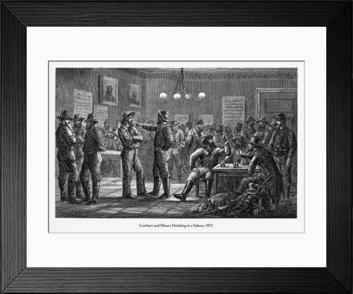 Framed Print : Cowboys and Miners Drinking in a Saloon Engraving, 1872