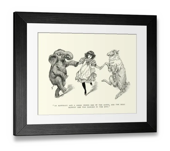 Framed Print : Girl dancing with an elephant and a sheep Framed Print : Girl dancing with an elephant and a sheep