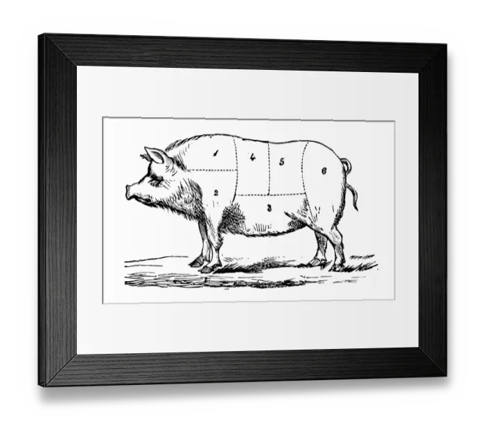 Framed Print : Antique recipes book engraving illustration: Pork sections