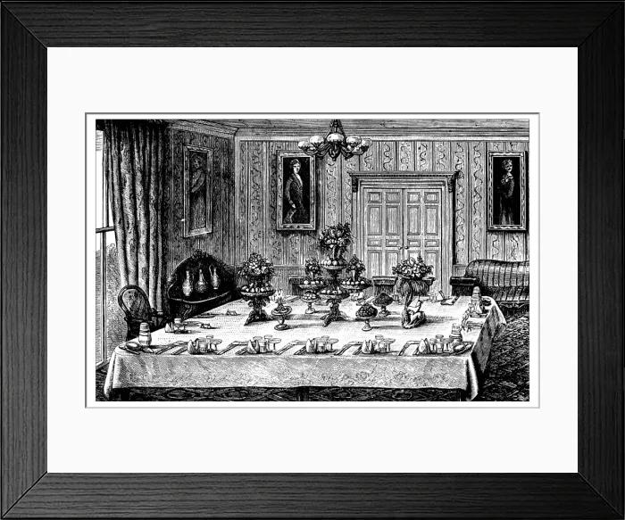 Framed Print : Antique recipes book engraving illustration: Dinner table Framed Print : Antique recipes book engraving illustration: Dinner table