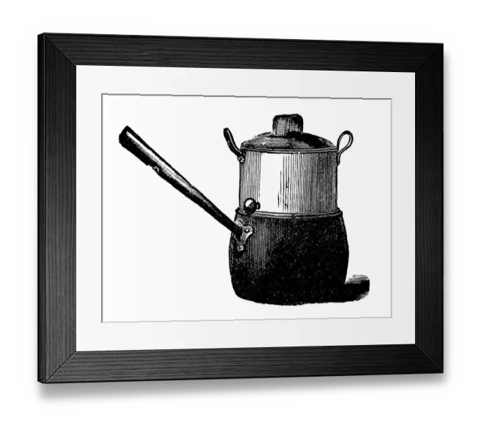 Framed Print : Antique household book engraving illustration: Iron saucepan with steamer