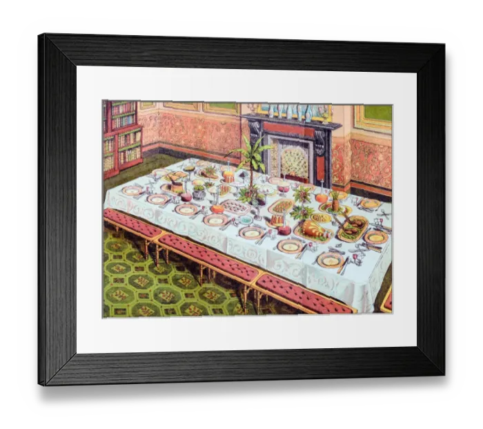 Framed Print : Antique recipes book engraving illustration: Dinner table Framed Print : Antique recipes book engraving illustration: Dinner table