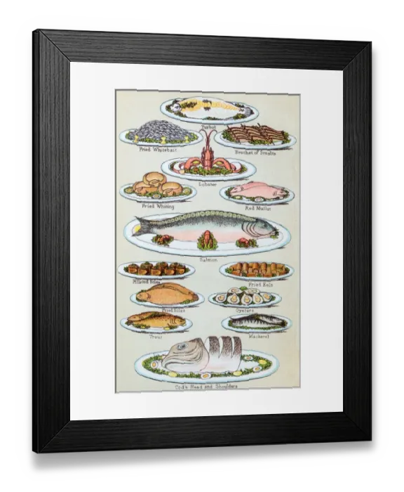 Framed Print : Antique recipes book engraving illustration: Seafood Framed Print : Antique recipes book engraving illustration: Seafood