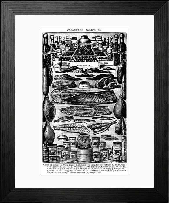 Framed Print : Antique recipes book engraving illustration: Preserved meats Framed Print : Antique recipes book engraving illustration: Preserved meats