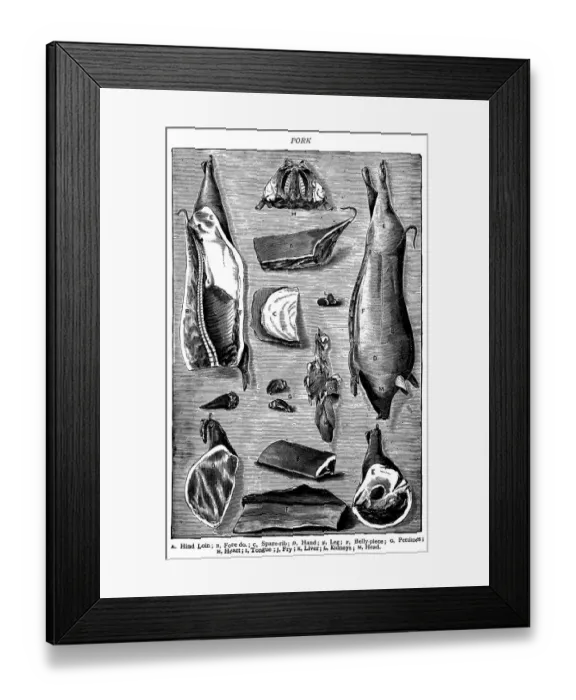 Framed Print : Antique recipes book engraving illustration: Pork Framed Print : Antique recipes book engraving illustration: Pork
