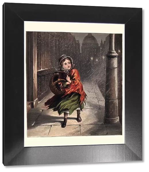 Little victorian girl on cold rainy London night, 1870