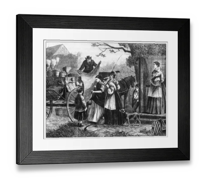 Framed Print : Yankee Peddler Selling His Goods Engraving, 1869 Framed Print : Yankee Peddler Selling His Goods Engraving, 1869