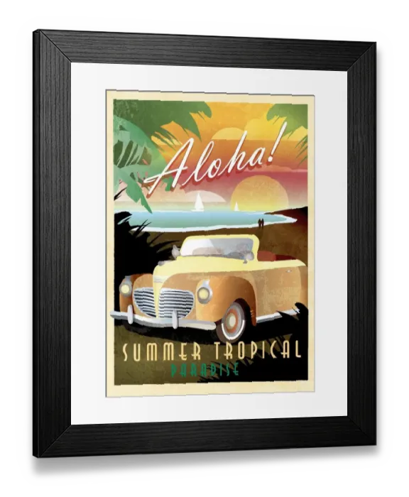 Framed Print : Aloha Art Deco style Paradise classic convertible car poster design Framed Print : Aloha Art Deco style Paradise classic convertible car poster design