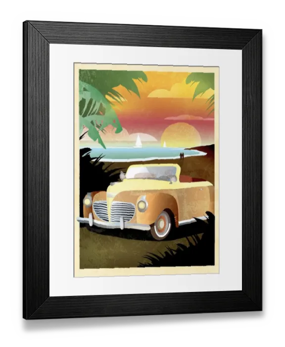 Framed Print : Art Deco style Paradise classic convertible car poster design Framed Print : Art Deco style Paradise classic convertible car poster design