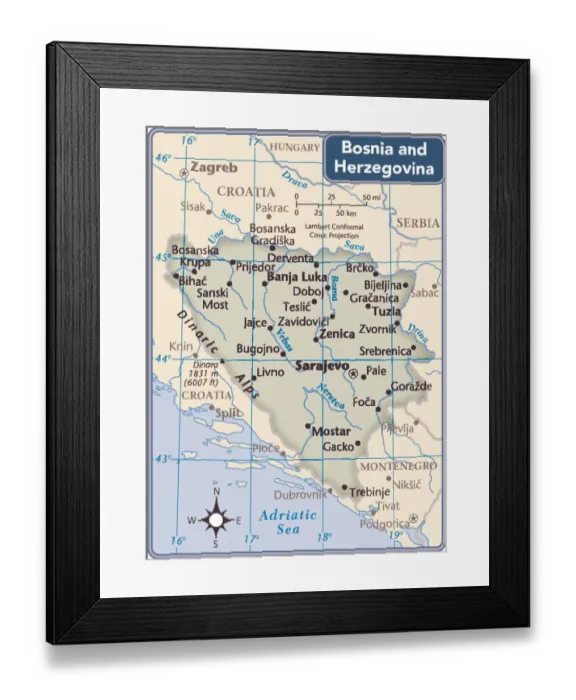 Framed Print : Bosnia and Herzegovina country map Framed Print : Bosnia and Herzegovina country map