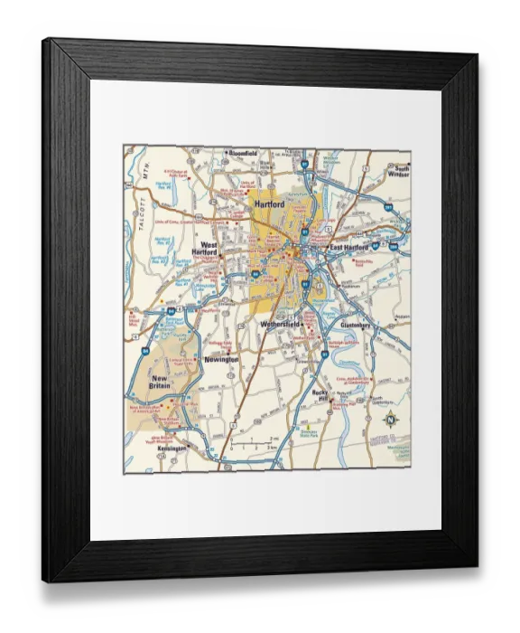 Framed Print : Hartford, Connecticut area map Framed Print : Hartford, Connecticut area map