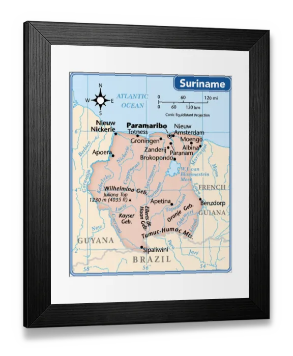 Framed Print : Suriname country map (not including disputed areas)