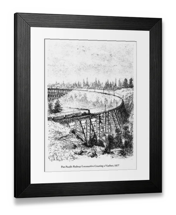 Framed Print : Pan Pacific Railway Locomotive Crossing a Viaduct Engraving, 1877
