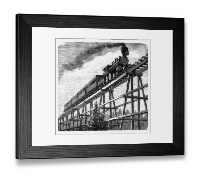 Framed Print : Locomotive Crossing a Tressel Bridge, Pan Pacific Railway Engraving, 1877