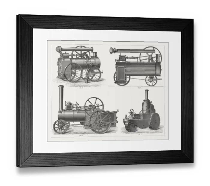Framed Print : Steam lokomobiles, wood engraving, published in 1877