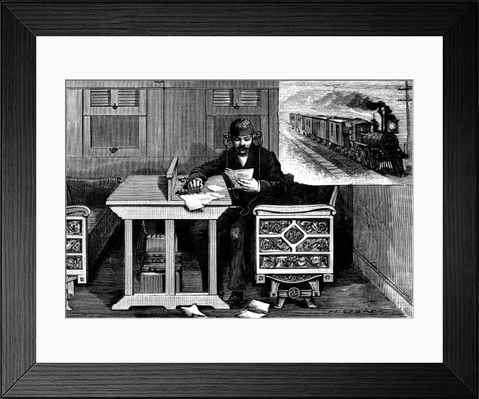 Framed Print : Antique engraving illustration: train telephone Framed Print : Antique engraving illustration: train telephone
