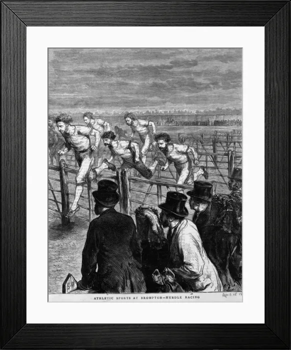 Framed Print : Hurdling. April 1871: Hurdle racing at Brompton Framed Print : Hurdling. April 1871: Hurdle racing at Brompton