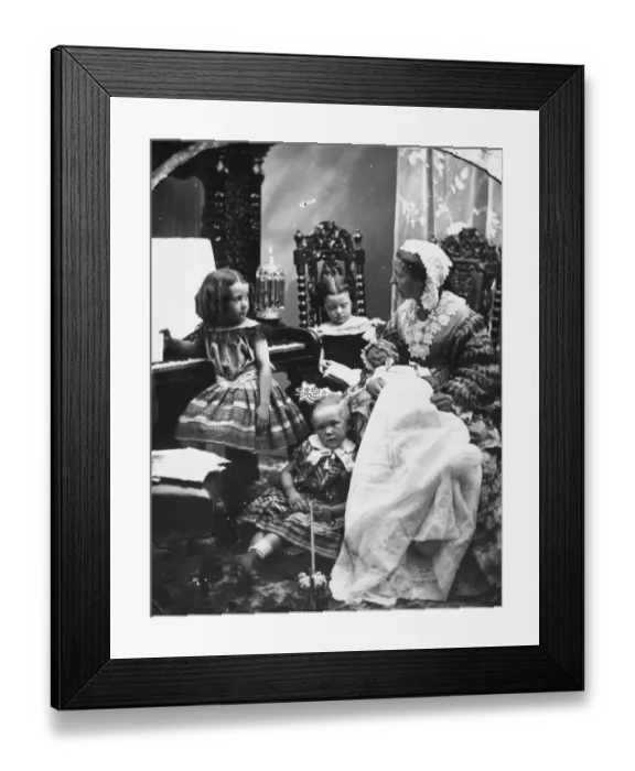 Framed Print : Siblings. Mother and children in the parlour Framed Print : Siblings. Mother and children in the parlour
