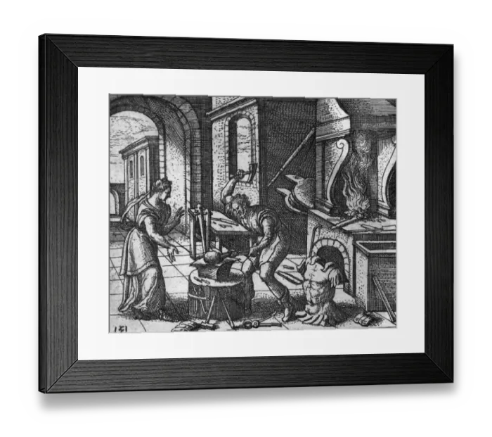 Framed Print : Armoury. circa 1860: A smith hammers out a hunk of metal in his workshop Framed Print : Armoury. circa 1860: A smith hammers out a hunk of metal in his workshop
