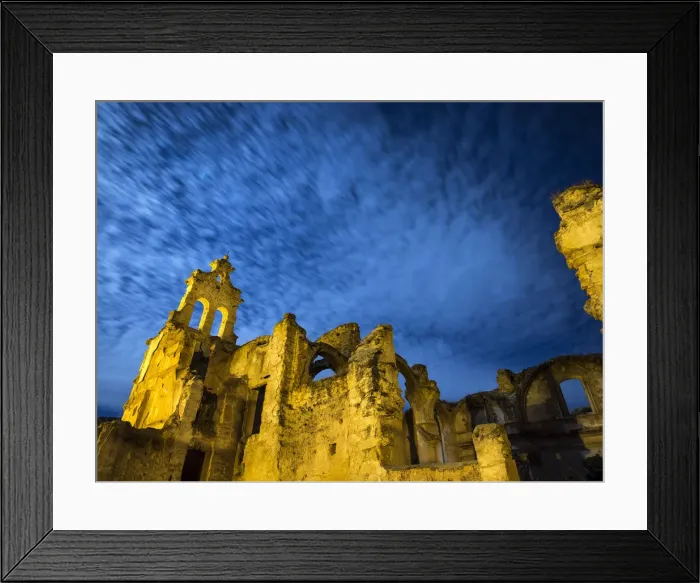 Framed Print : Ruins of abandoned convent one night with blue sky and the full moon Framed Print : Ruins of abandoned convent one night with blue sky and the full moon